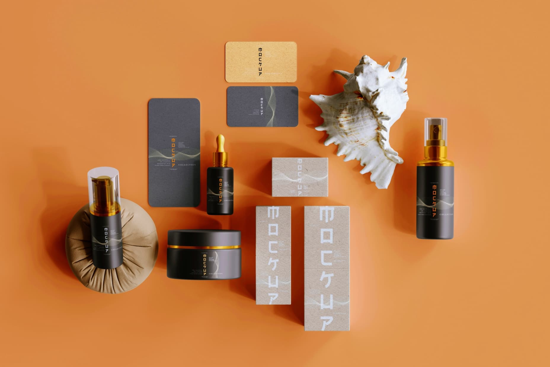 A brand mockup of several different products in spray bottles, cream containers, droppers, foamers, cards, and boxes with a spiky conch shell all on an orange background.